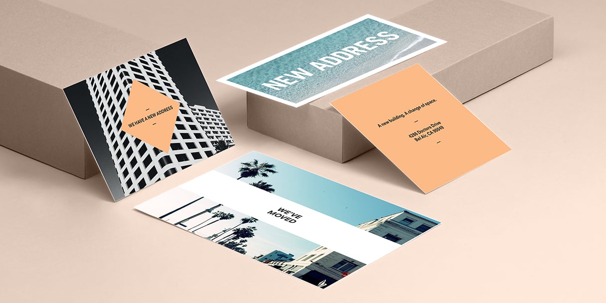 1 cartolina Abbiamo traslocato e 3 cartoline di nuovo indirizzo in vari formati e design